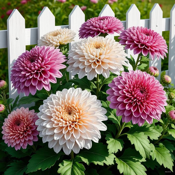 Pink and white dahlia flowers in front of white picket fence
