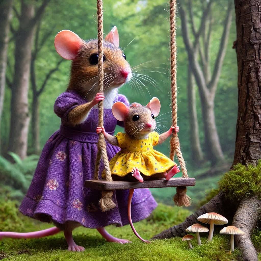 Two anthropomorphic mice in colorful dresses sitting on a swing in a green forest with mushrooms