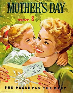 Vintage illustration of a girl hugging her mother while holding a Mother's Day card and gift