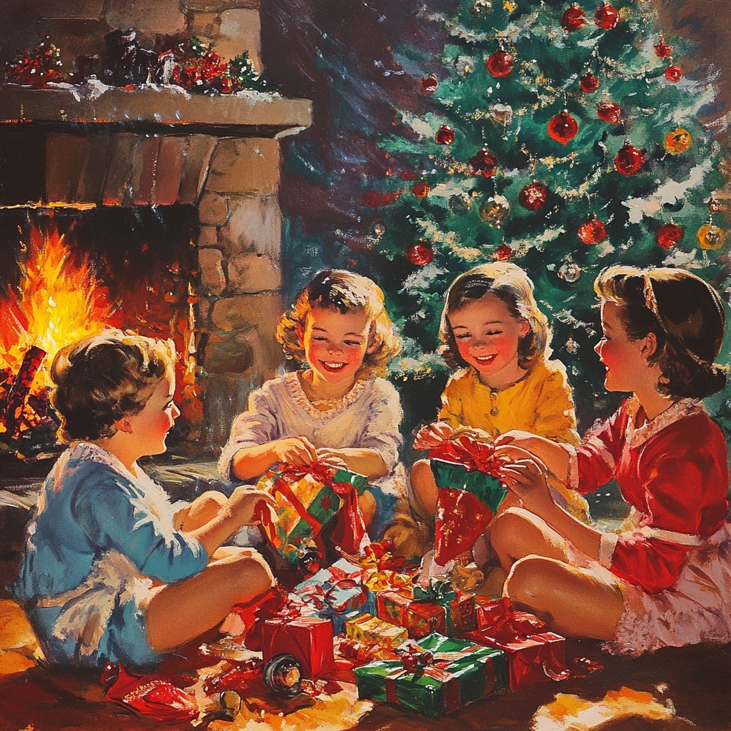 Four children opening Christmas presents beside a fireplace and decorated tree