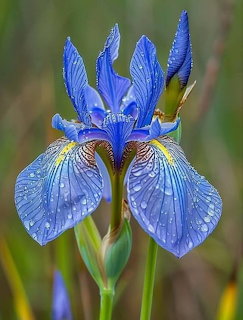 Close-up of a blue iris flower covered in water droplets