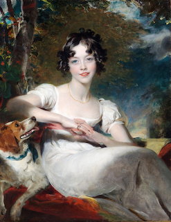 Portrait painting of Lady Maria Conyngham in white dress seated in outdoor setting with trees and sky background