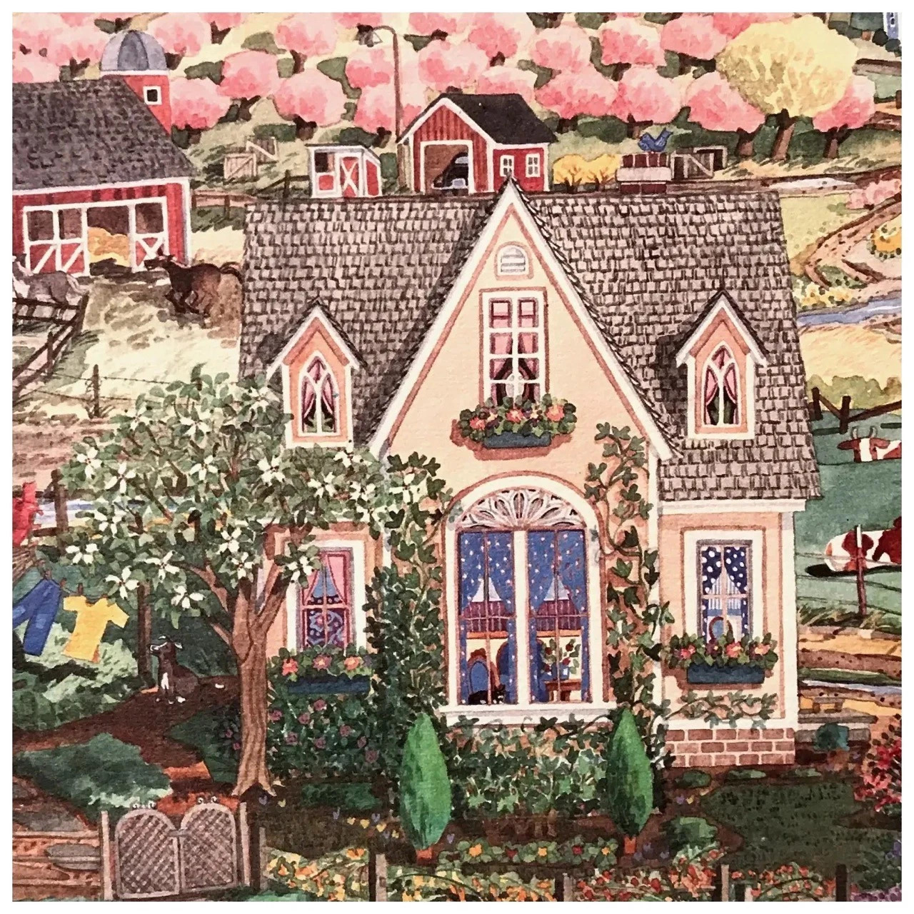 Victorian cottage with pink blossoms, gardens, white fence, and red barn in folk art style