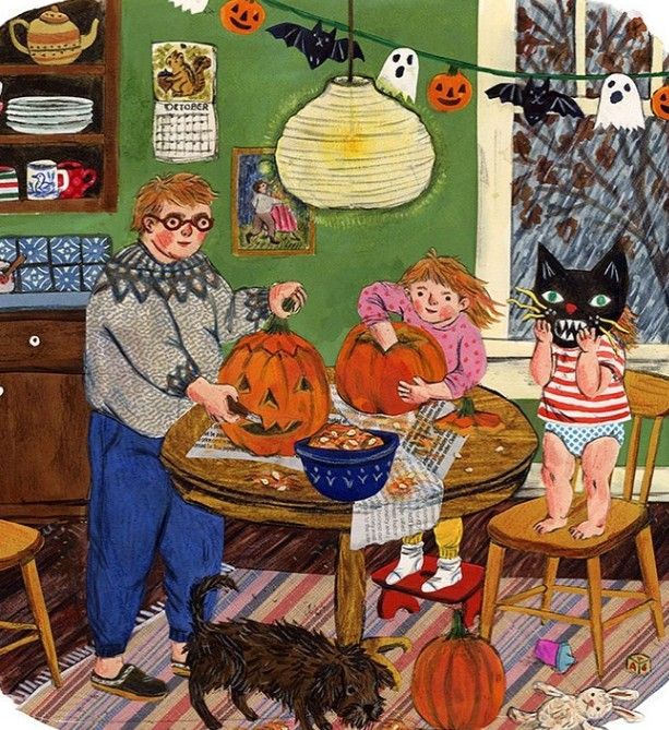 Illustrated family scene of adults and children carving pumpkins at a table with autumn decorations and a black cat