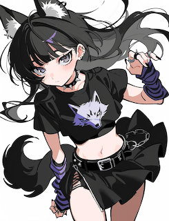 Anime cat girl with black hair, ears and tail in dark clothing with purple accents