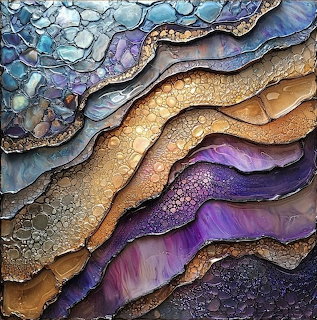 Abstract ceramic tile with wavy layers in blue, purple, gold and beige resembling abalone stone texture