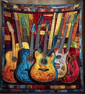 Fabric quilt wall hanging showing five colorful decorated acoustic guitars arranged in a row with patchwork border