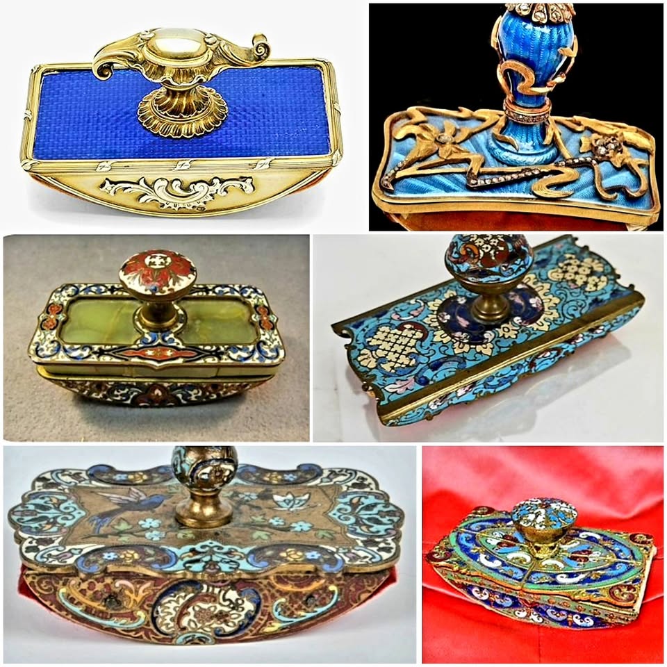 Six decorative Art Nouveau ink blotters with enamel and ornate metalwork in various colors