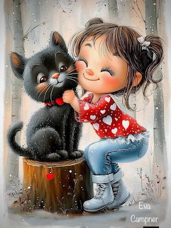 Illustrated girl with dark hair hugging a black cat on tree stump by window with raindrops