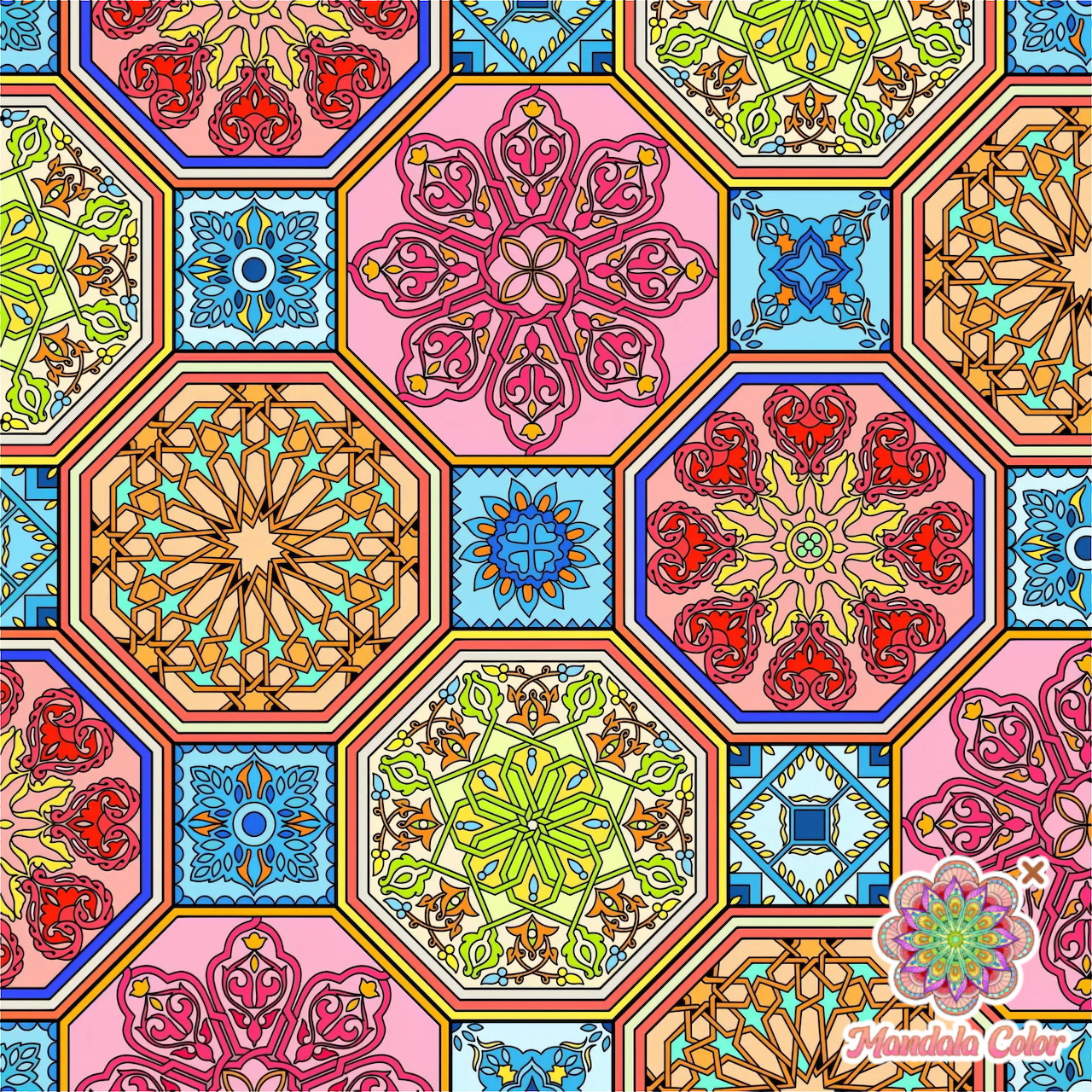 Colorful geometric tile pattern with octagonal mandalas in pink, blue, green, and orange on white background