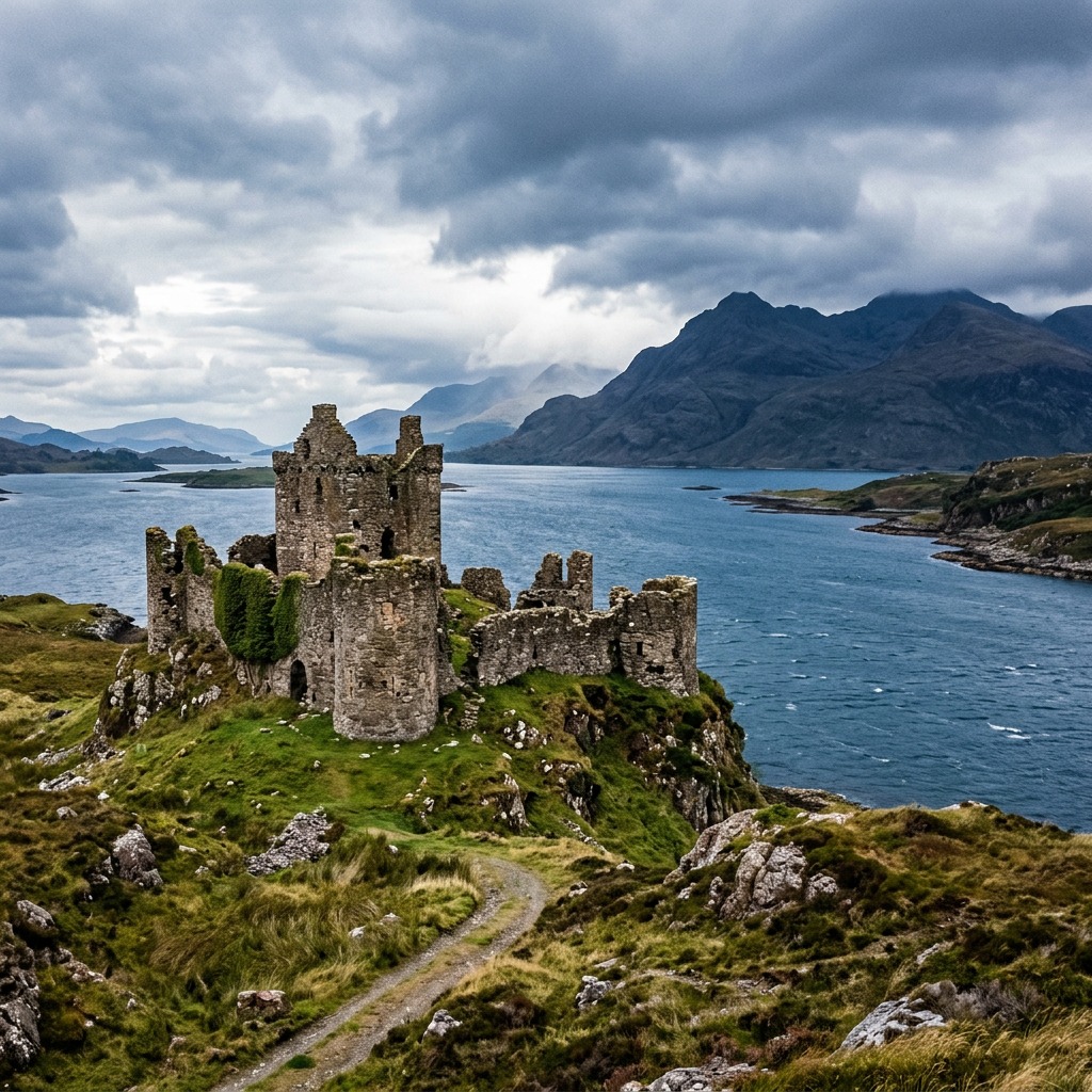 Ruined stone castle on a rocky coast with blue water, mountains, and cloudy sky