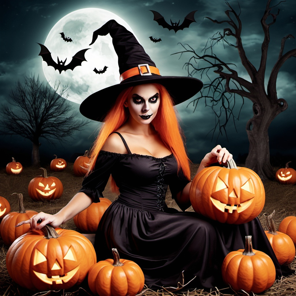 Woman dressed as witch with orange hair, black hat and dress, sitting among glowing carved pumpkins under full moon