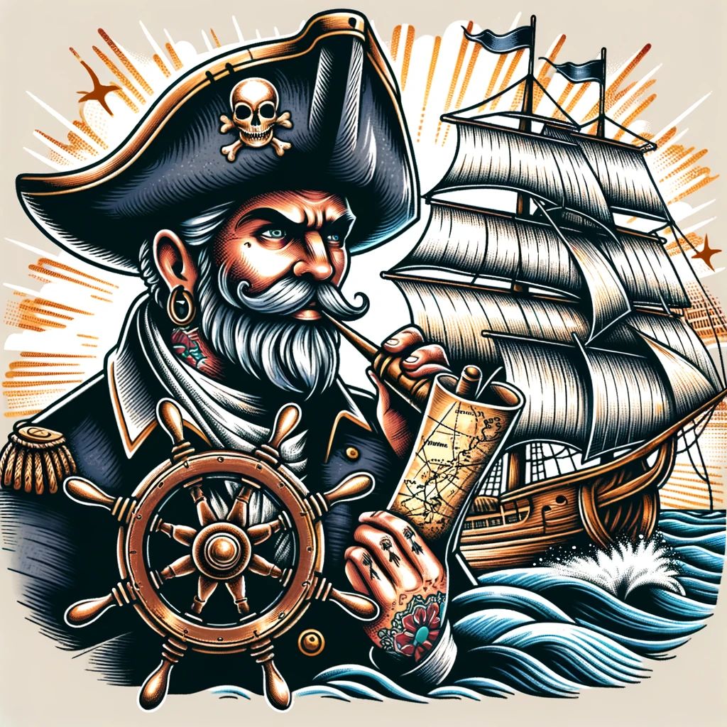 Illustration of a pirate captain holding a map beside a sailing ship and ship wheel