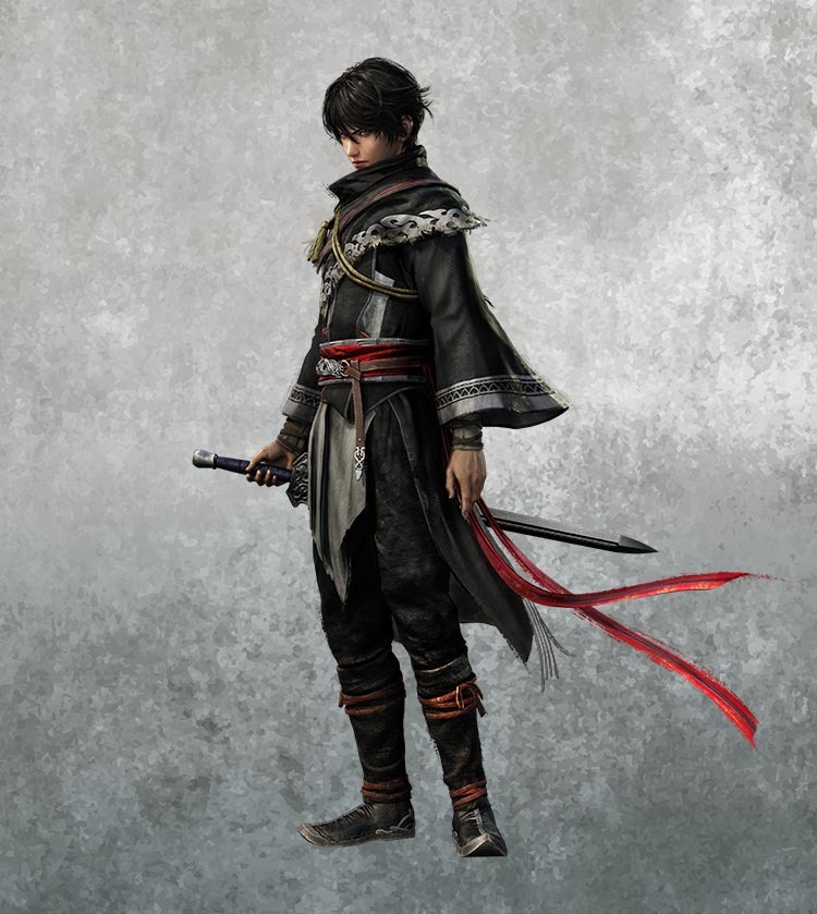 Ziluan character in black armor holding a sword with red ribbons, from Dynasty Warriors Origins