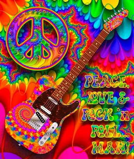 Electric guitar with peace symbol on vibrant tie-dye rainbow background with Peace Love Rock and Roll Man text