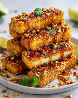 Stack of four golden French toast slices garnished with chopped pistachios, mint leaves, and syrup