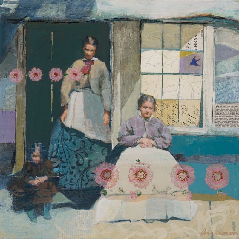 Mixed media painting of two women in vintage dress with pink flowers and collage elements