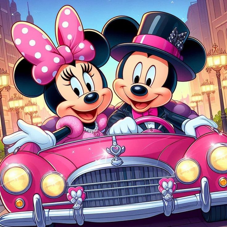 Mickey and Minnie Mouse in pink vintage car with city buildings in background