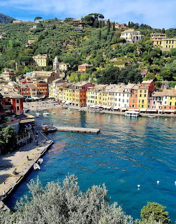 Colorful buildings lining Portofino harbor with boats in blue water and hillside villas above