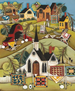Folk art painting of white church on hill with colorful buildings, quilts, and winding paths in stylized countryside