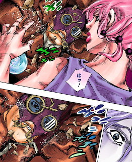 Colorful manga panels depicting characters in dramatic action with debris and Japanese text