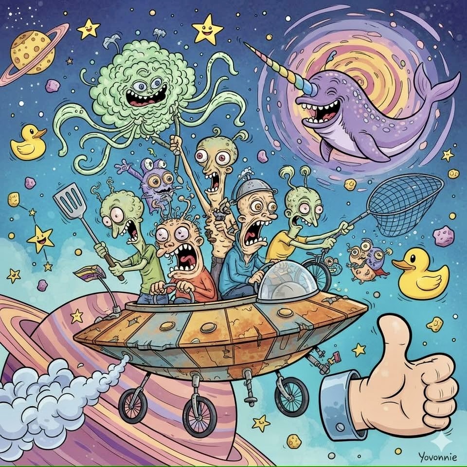 Cartoon aliens in a flying saucer surrounded by planets, stars, and space creatures in a colorful whimsical style