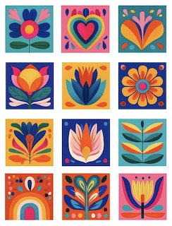 Grid of twelve colorful folk art flower illustrations in bold geometric style