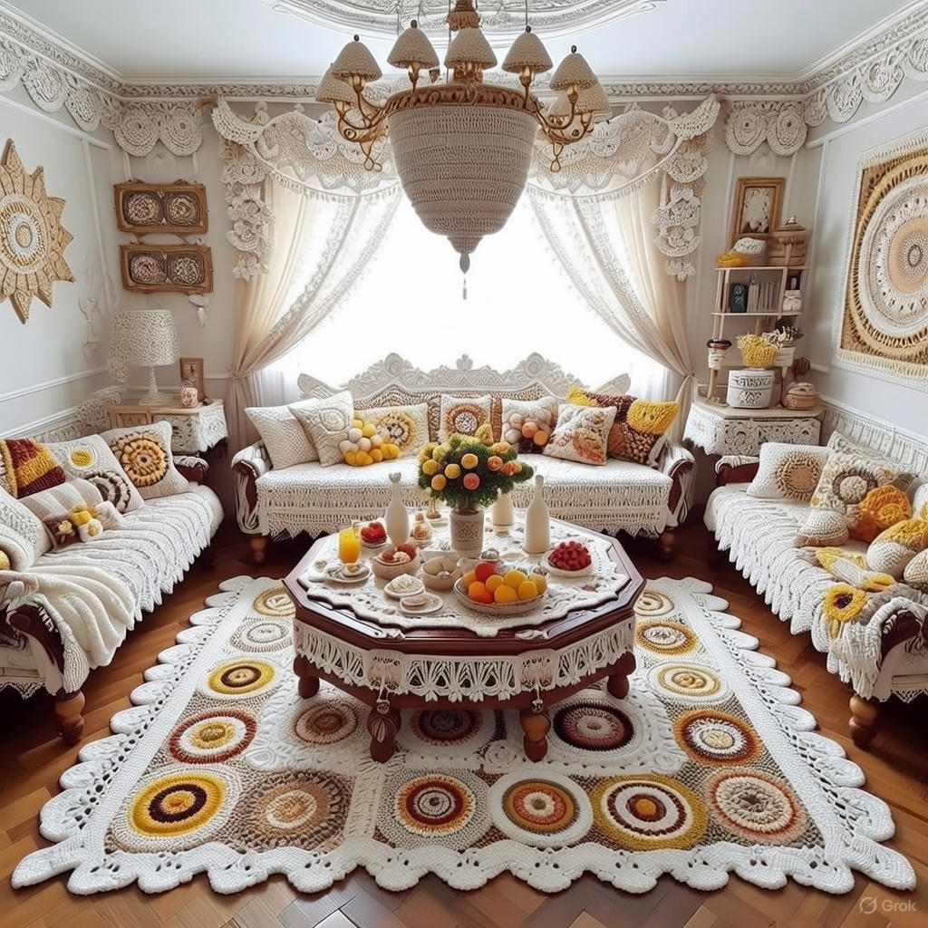 Ornate living room with crocheted lace decor, sofas, patterned rugs, and a round table