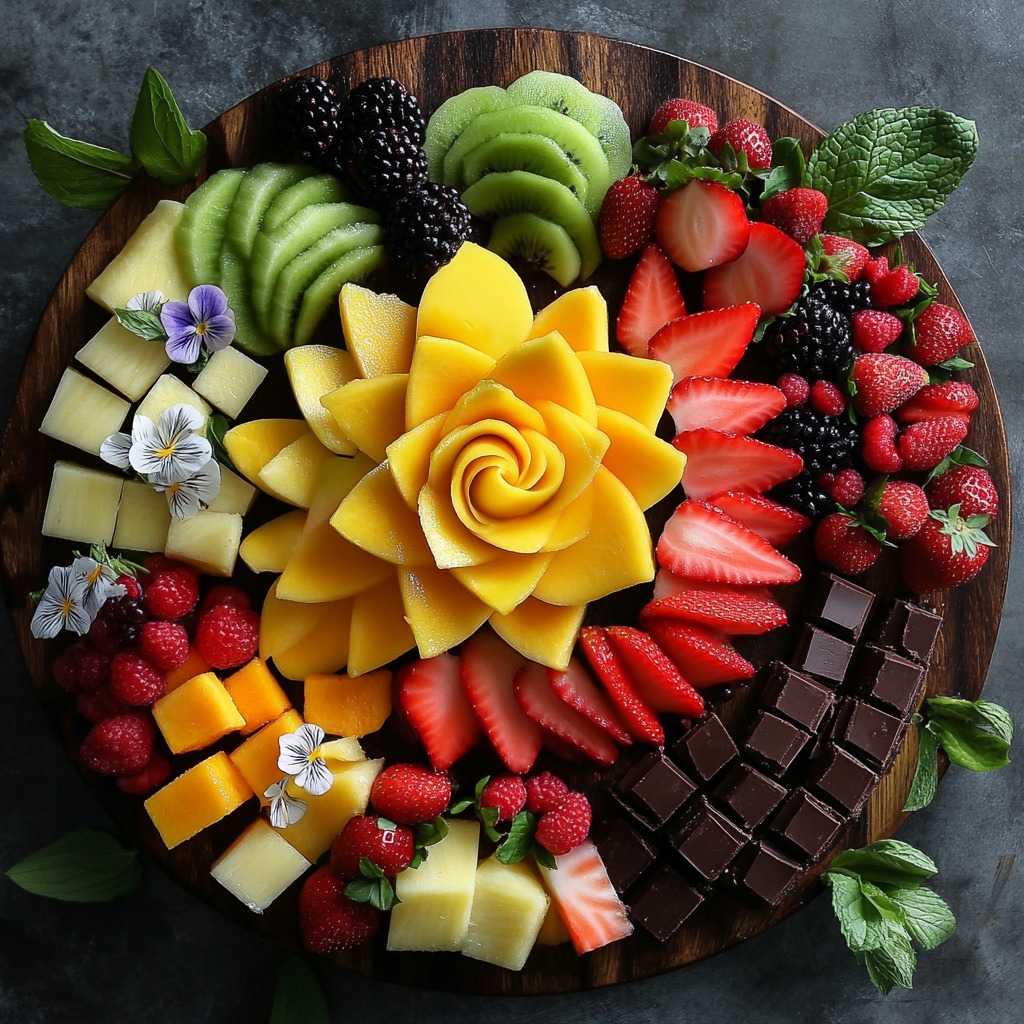 Round dessert platter with sliced fruit, chocolate squares, berries, and a carved mango rose