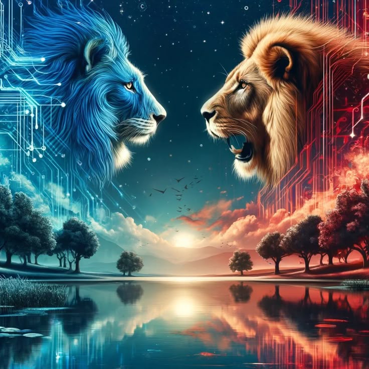 Blue digital lion and fiery orange lion facing each other over sunset lake with trees and reflections