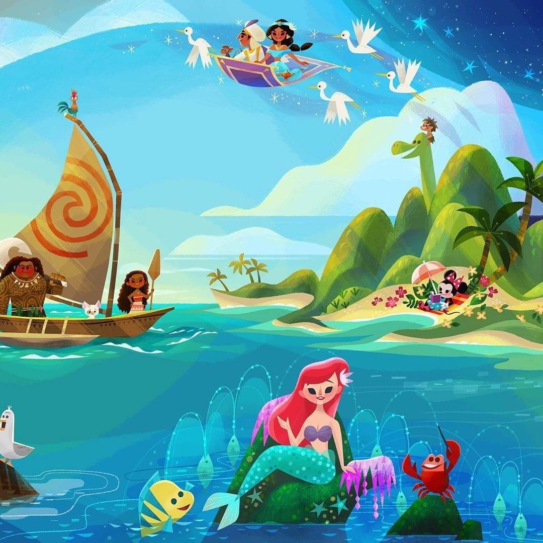 Disney characters in tropical ocean scene with mermaid, boats, flying carpet and islands