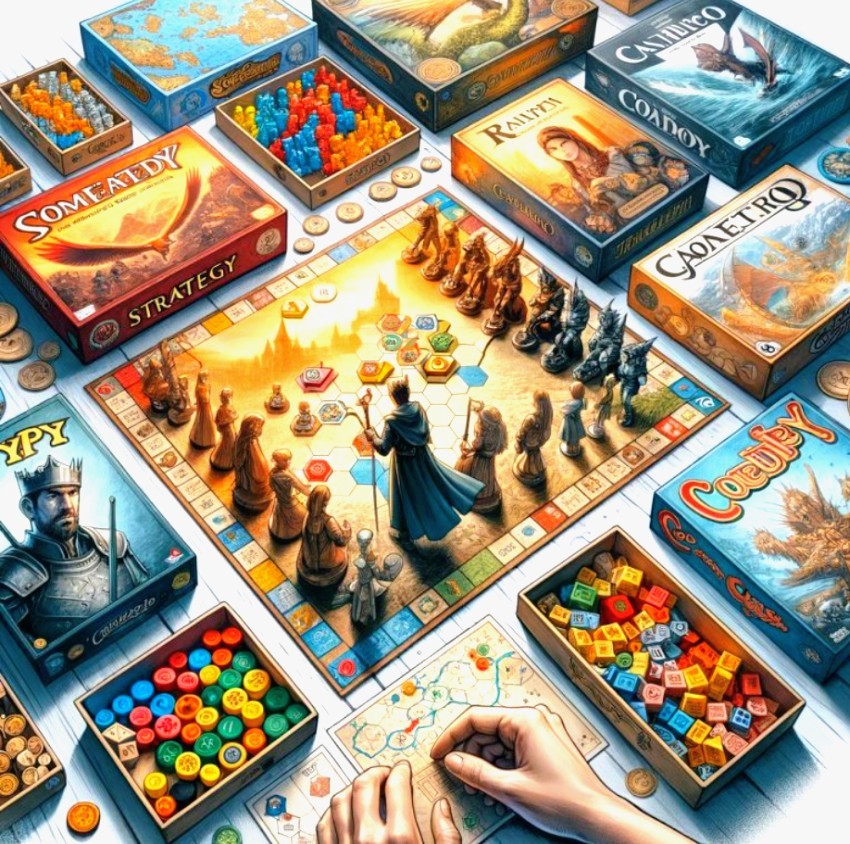 Assorted board games surrounding wooden chess set with hand reaching toward pieces