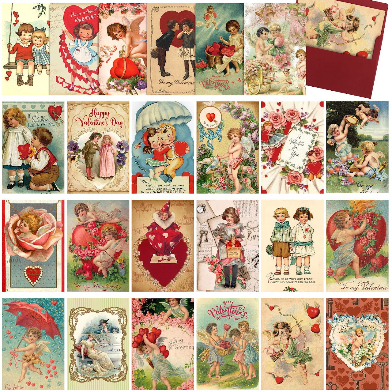 Grid collage of vintage Victorian Valentine postcards with children, hearts, flowers and romantic scenes