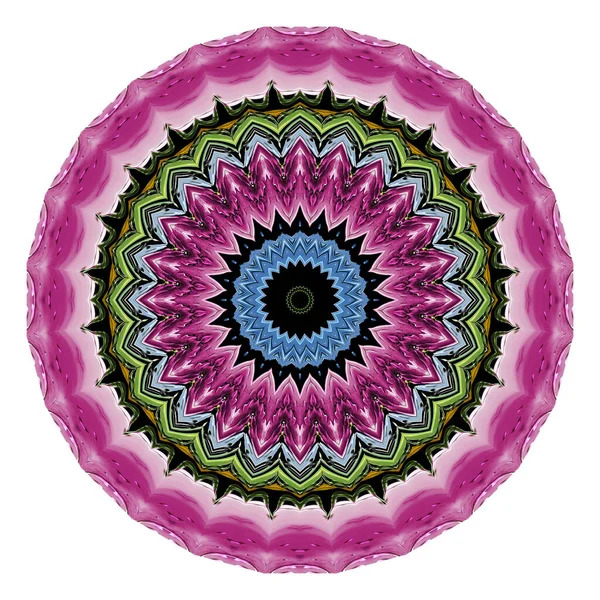 Colorful mandala with blue center eye, purple petals, and pink outer ring in symmetrical geometric pattern