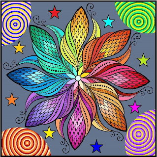 Symmetrical rainbow flower mandala with detailed petal patterns, stars, and concentric circles on gray background