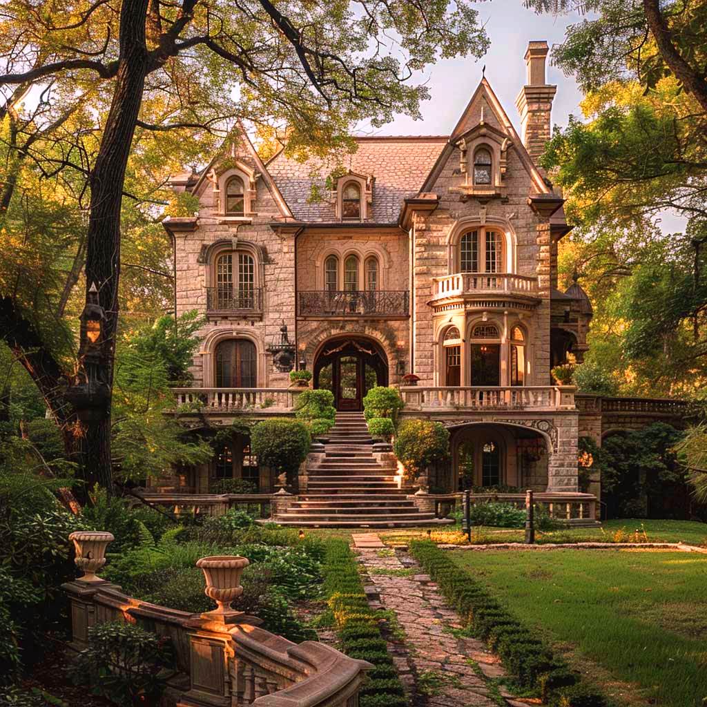 Victorian mansion with red brick walls, ornate details, and garden pathway surrounded by autumn foliage