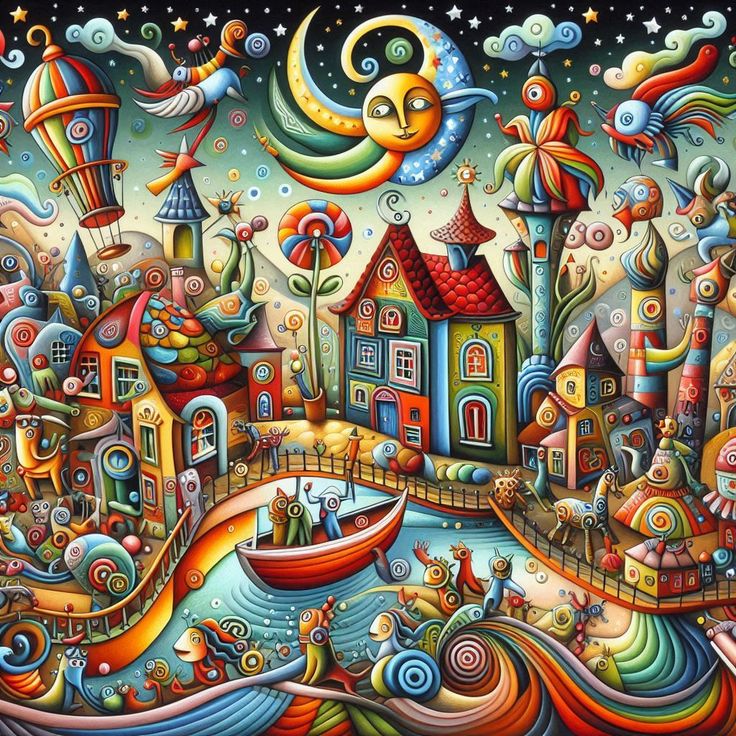 Vibrant fantasy illustration of a whimsical village with colorful swirling patterns, quirky houses, and celestial sky