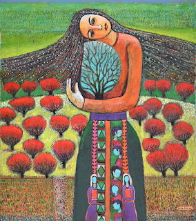 Folk art painting of woman cradling a blue tree among red flowers in colorful field