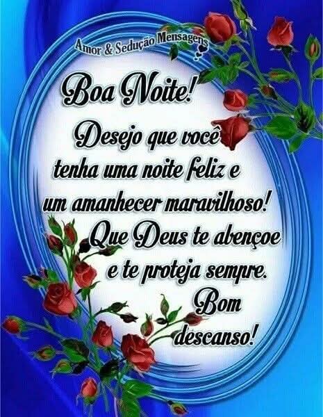 Decorative blue card with red roses and Portuguese good night message 'Boa Noite'