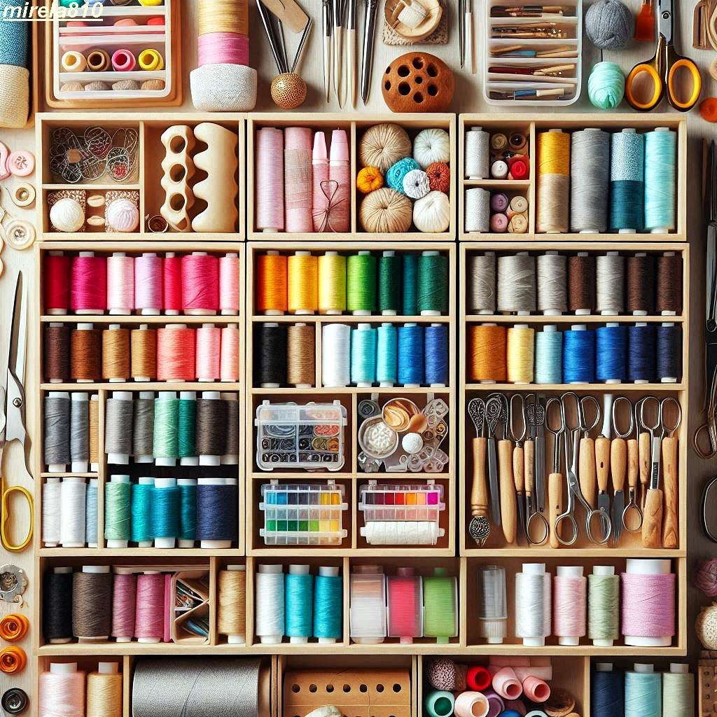Wooden shelves with neatly arranged colorful thread spools, buttons, scissors, and craft supplies in compartments