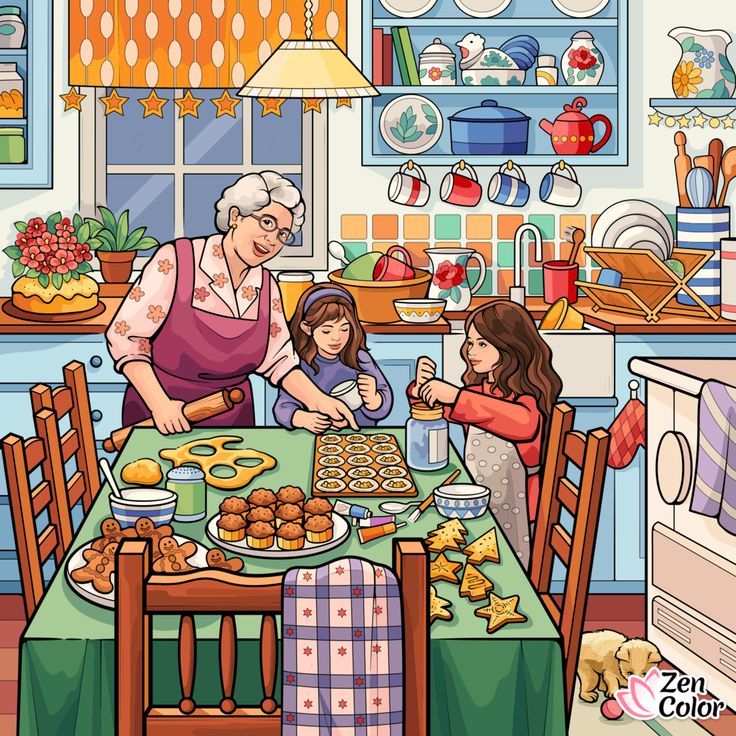 Cartoon grandmother and two girls baking and decorating cookies in a colorful kitchen