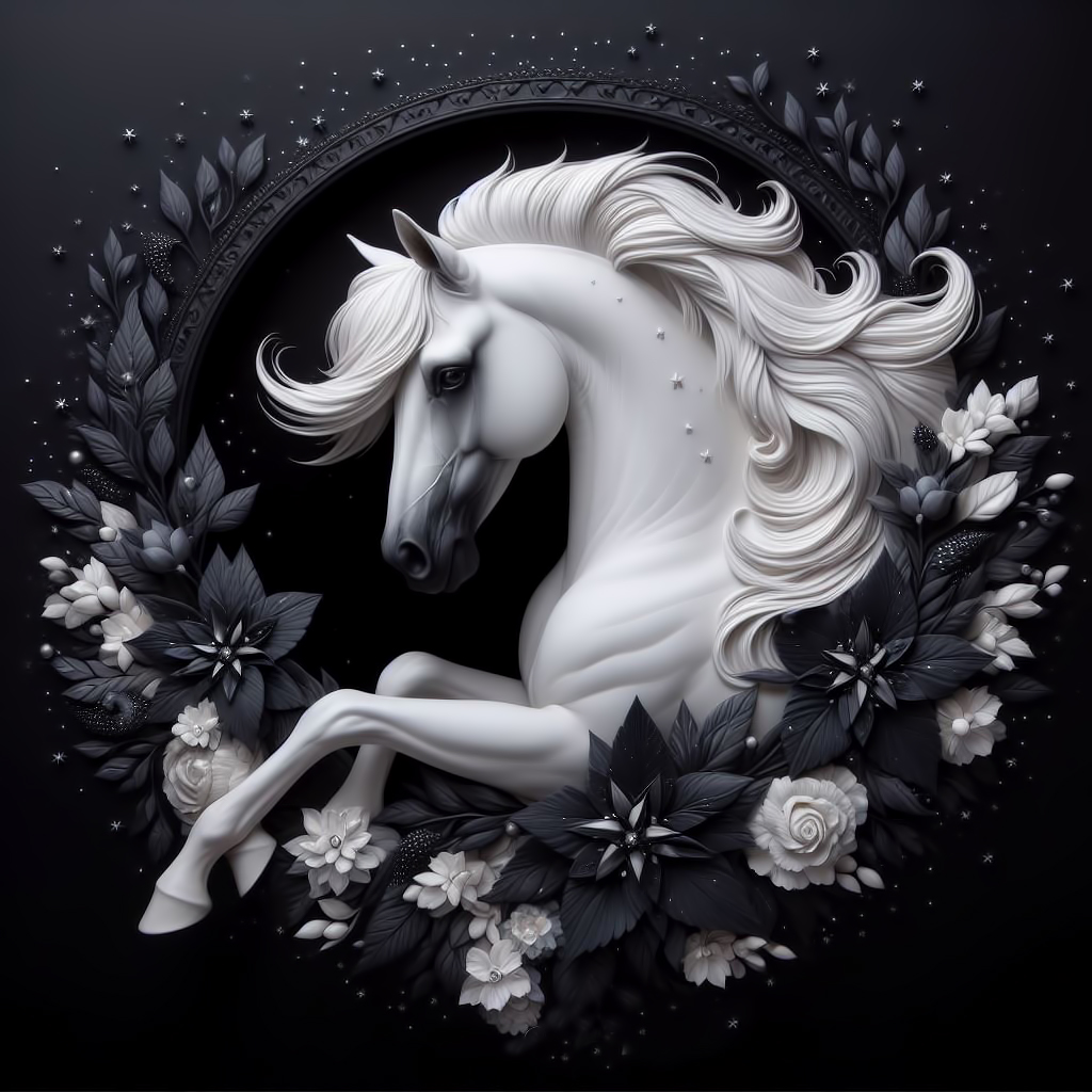 White horse with flowing mane surrounded by dark flowers on a black background