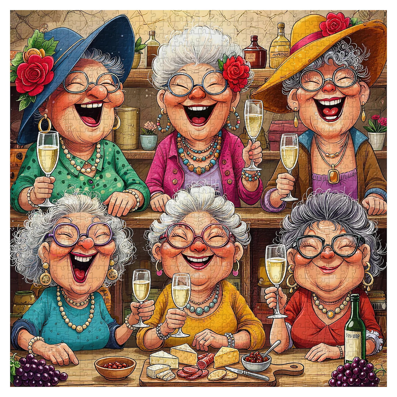 Six smiling elderly women in colorful outfits and hats celebrating together with champagne glasses and desserts