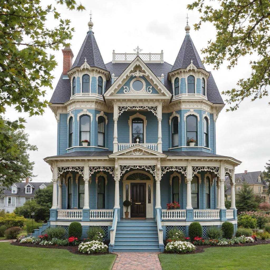 Blue Victorian mansion with turrets, white trim, and front garden