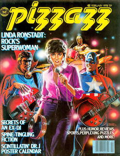 Pizzazz magazine February 1978 cover with Linda Ronstadt and Marvel's Iron Man and Captain America