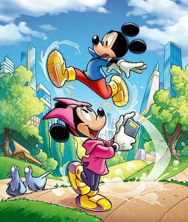 Mickey Mouse jumping in the air with Minnie Mouse standing below in a cartoon city park setting