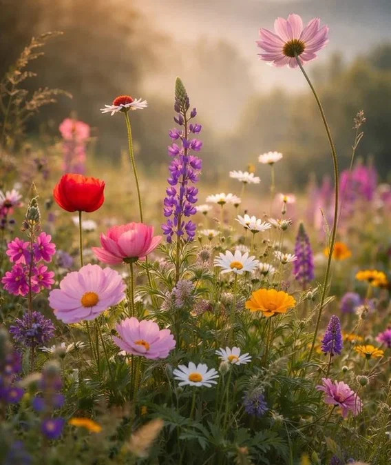 Colorful wildflower meadow with cosmos, poppies, lupines, and daisies in soft natural light