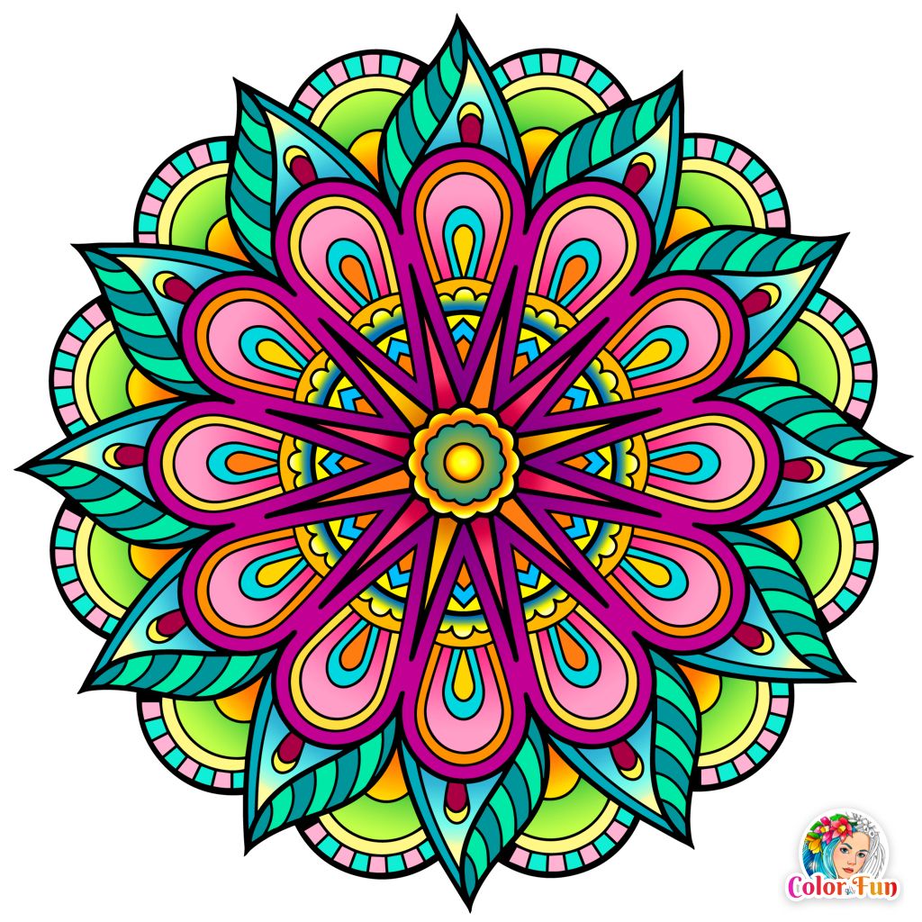 Colorful symmetrical mandala with ornate floral patterns in pink, teal, yellow and purple on white background
