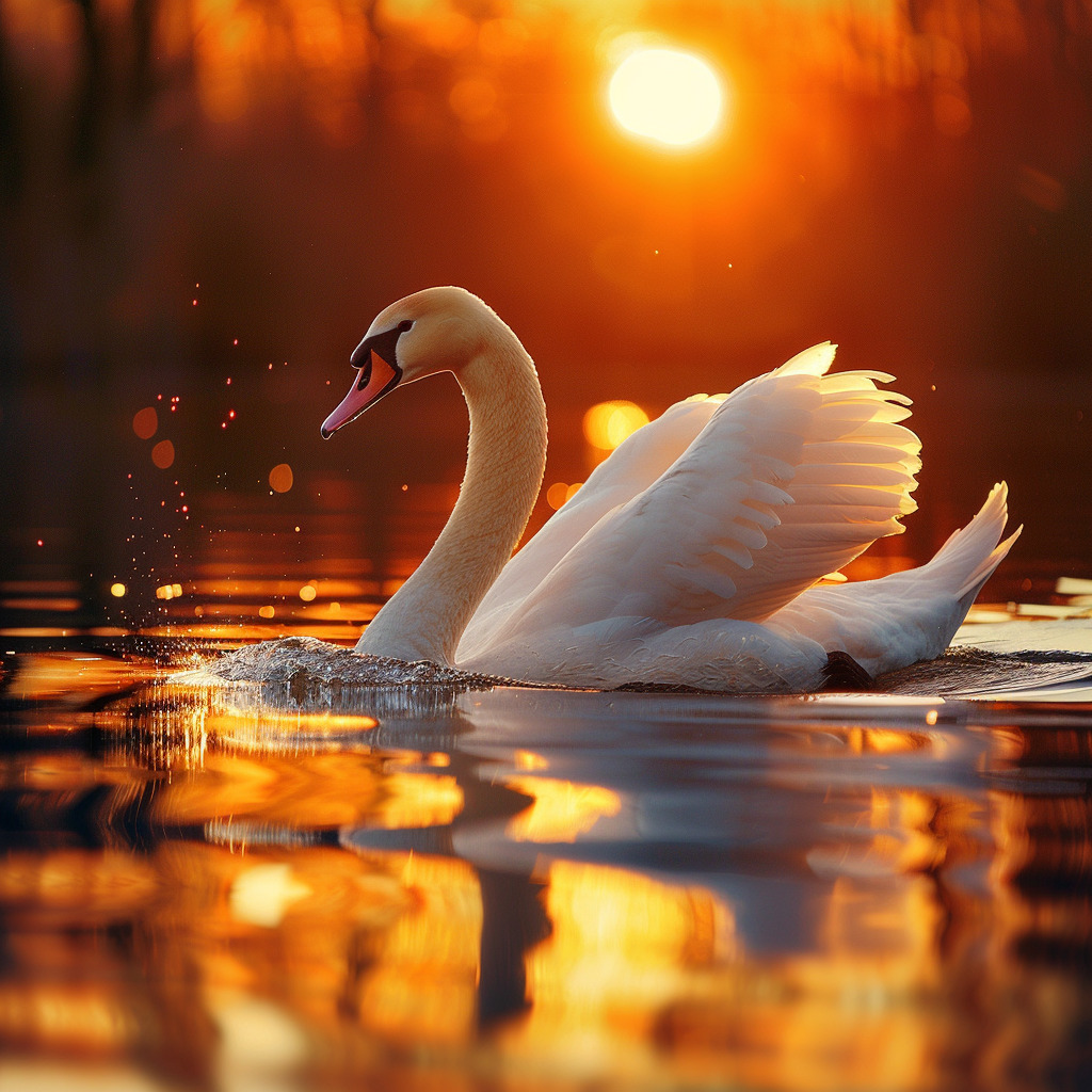 White swan on calm lake water during golden sunset with trees in background