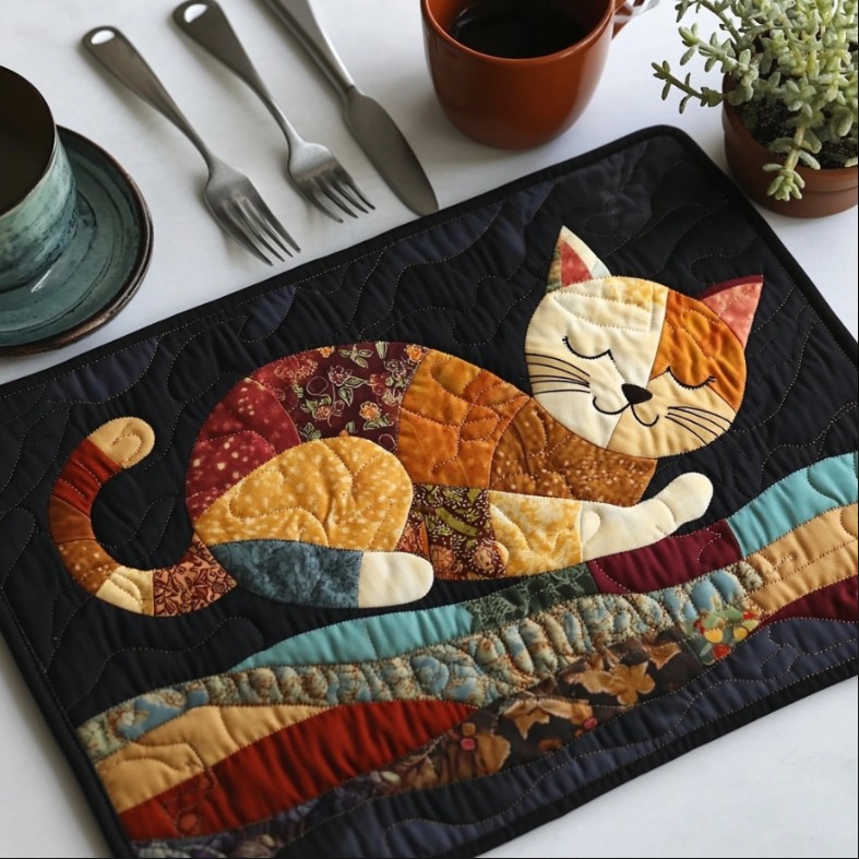 Quilted fabric placemat with colorful patchwork cat lying on striped ground